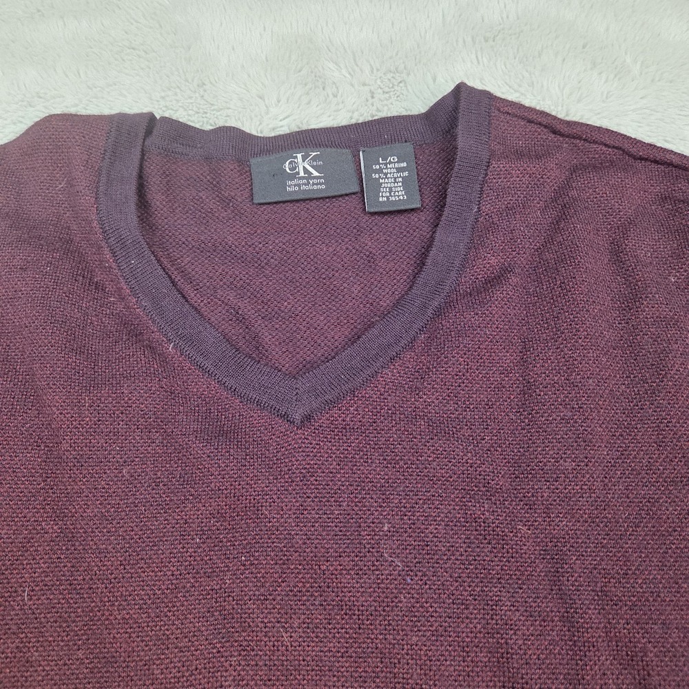 Calvin Klein Merino Wool Sweater Mens‎ L V-Neck Italian Yarn Knit Plum Burgundy